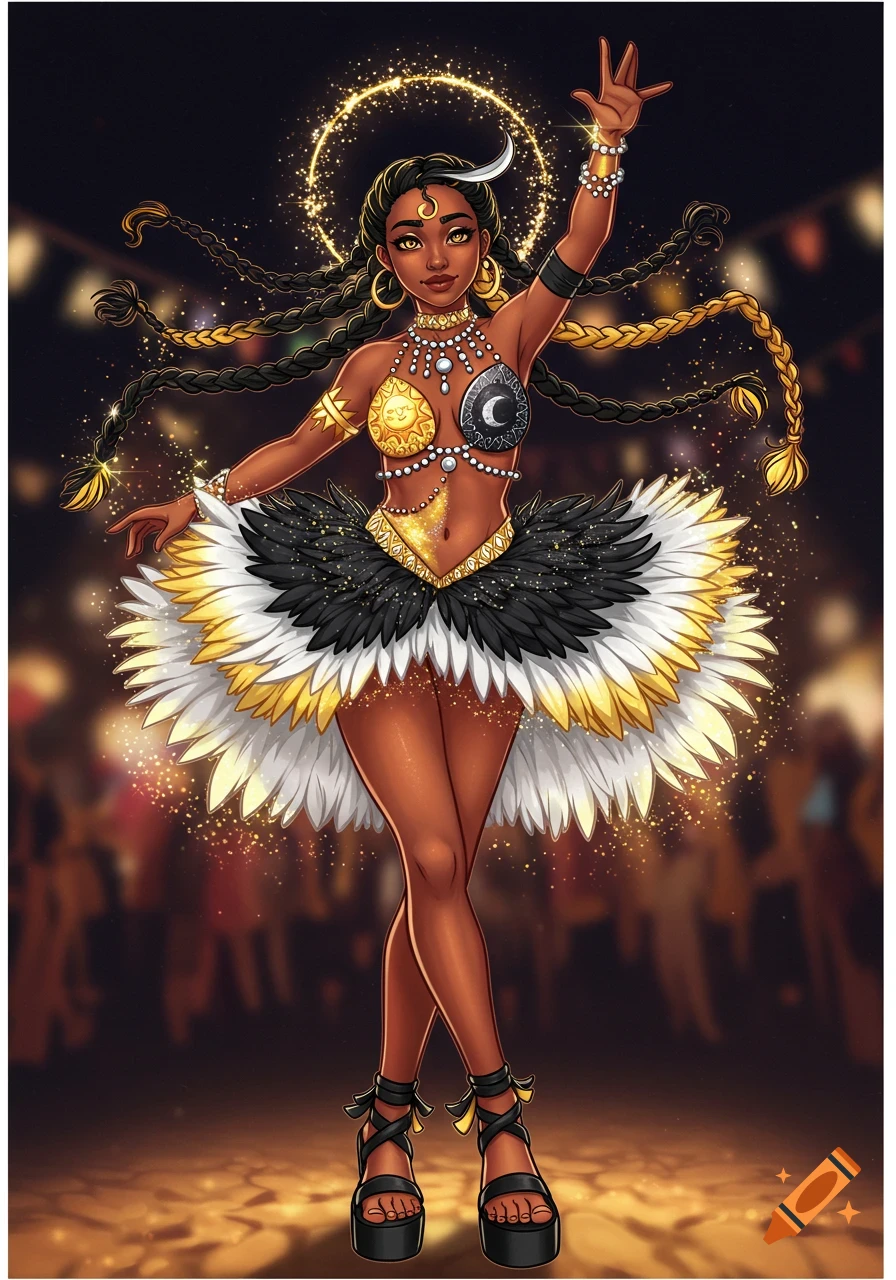 A stylized illustration of a woman in a vibrant black, white, and gold sun and moon themed festival costume, posing at a night event.