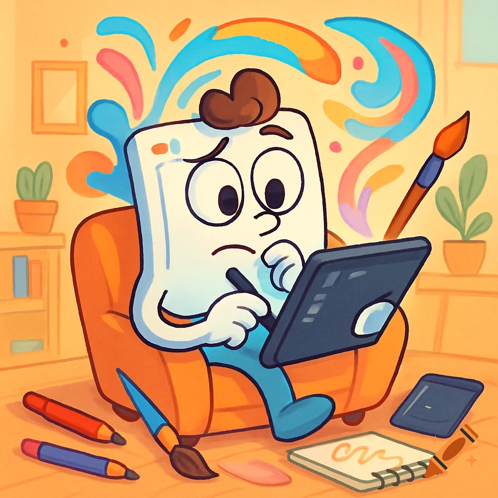 A cartoon character with a white rectangular body and brown hair sits in an orange armchair, drawing on a digital tablet. Colorful paint splatters radiate behind its head. Art supplies are scattered on the floor.