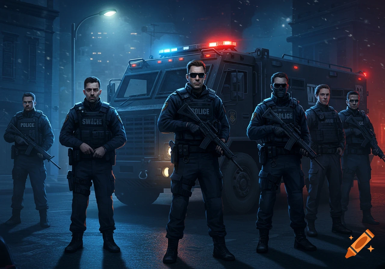 A group of police officers in tactical gear stand in front of a SWAT truck on a snowy city street at night.