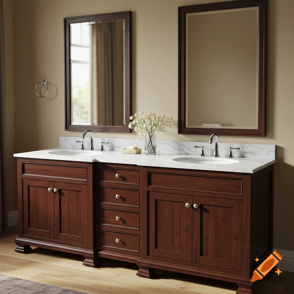 A dark wood double bathroom vanity with white marble countertops, two sinks, chrome faucets, and two framed mirrors above.