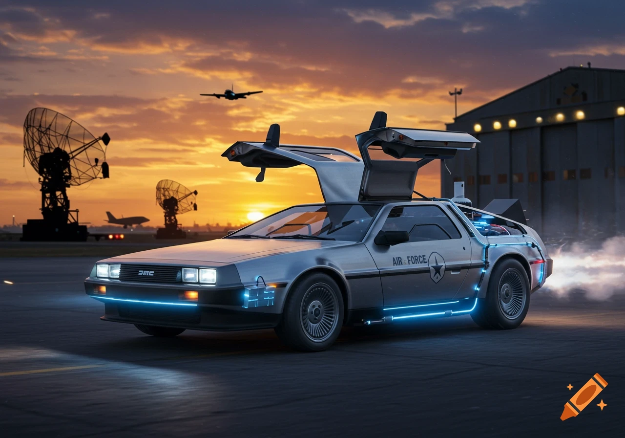 A silver DeLorean car with "AIR FORCE" branding and blue neon lights parked on an airfield runway at sunset, with radar dishes and planes in the background.