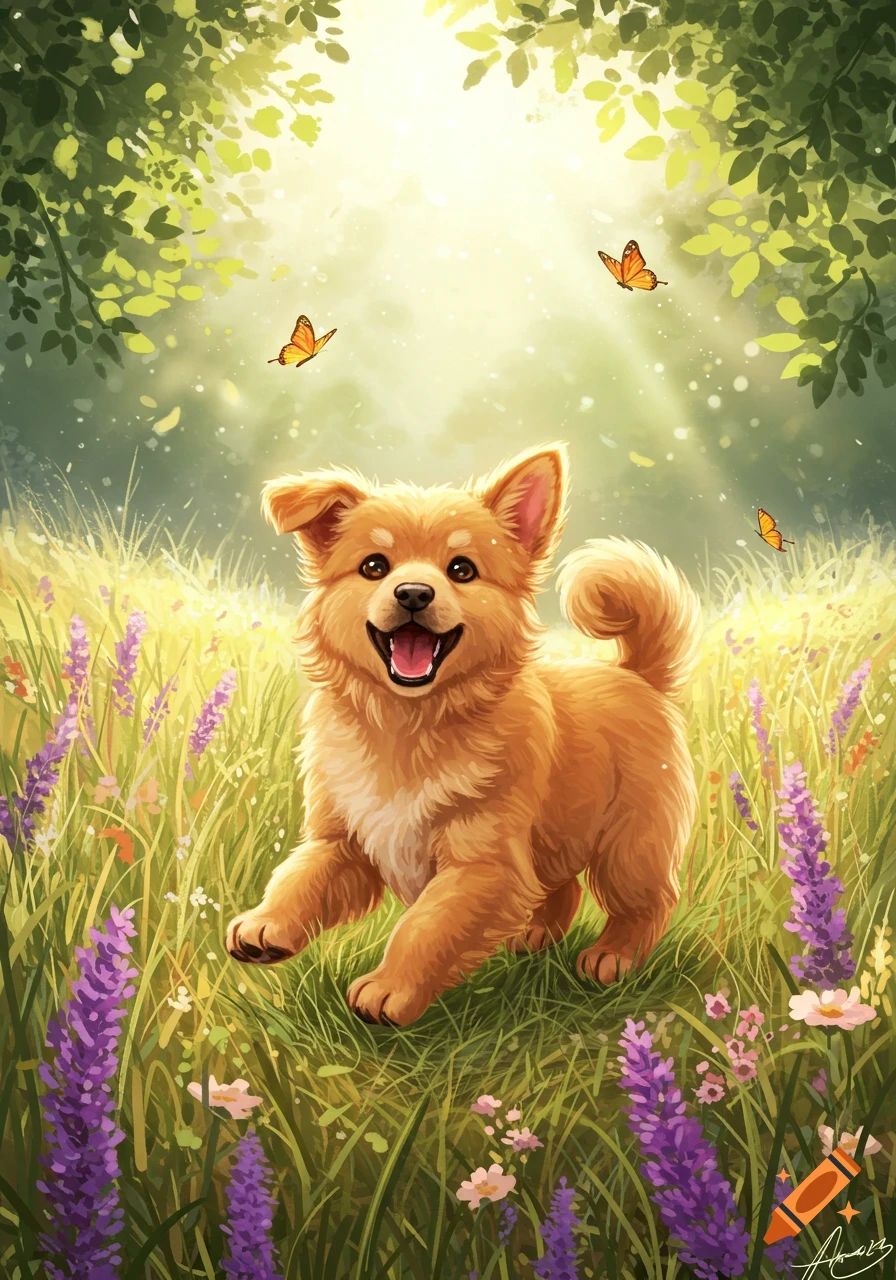 A happy, fluffy brown puppy runs in a sunny field with purple flowers and butterflies. Vibrant illustration.