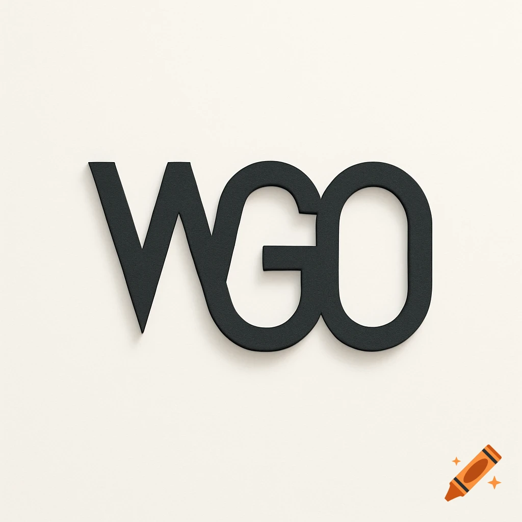 A black stylized 3D logo with the letters WGO casting a shadow on a light beige background.