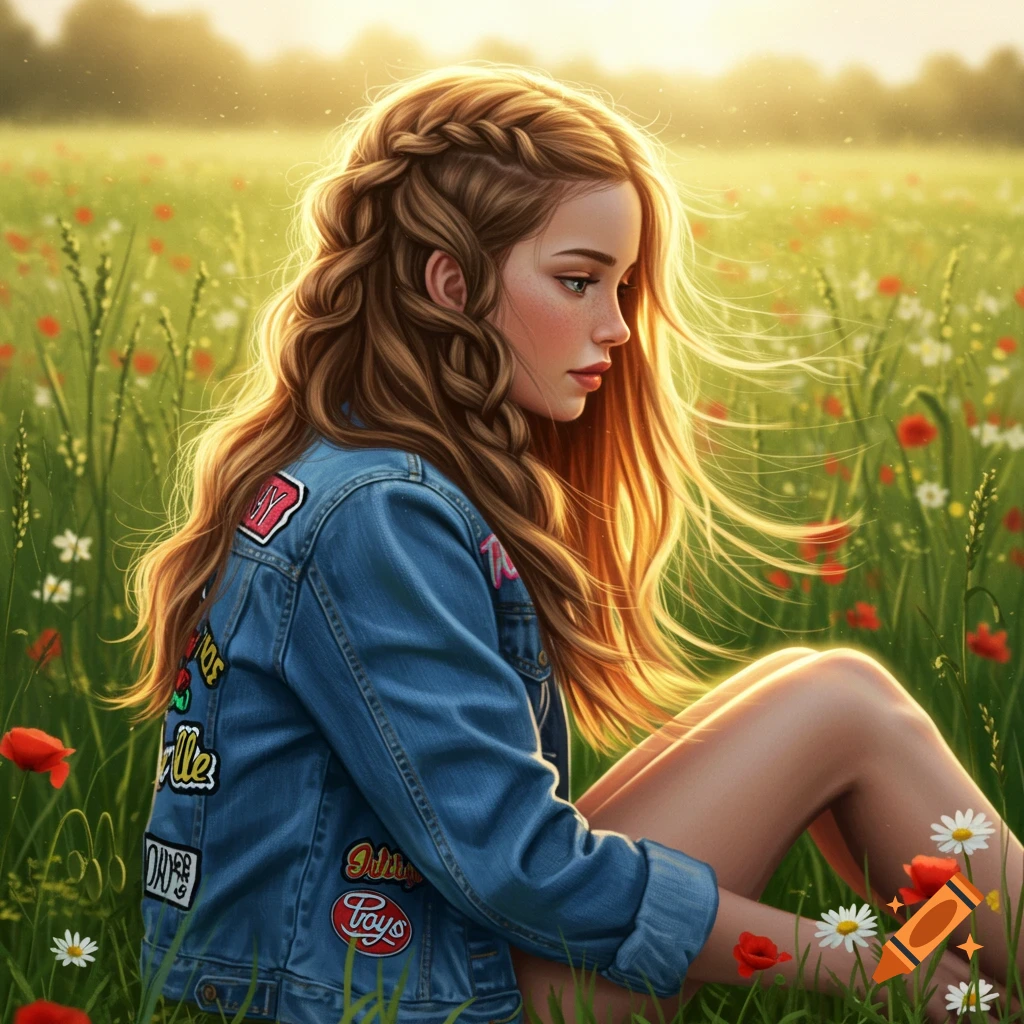A girl with long, flowing braided hair sits in a sunny field among red and white flowers, wearing a denim jacket with patches.