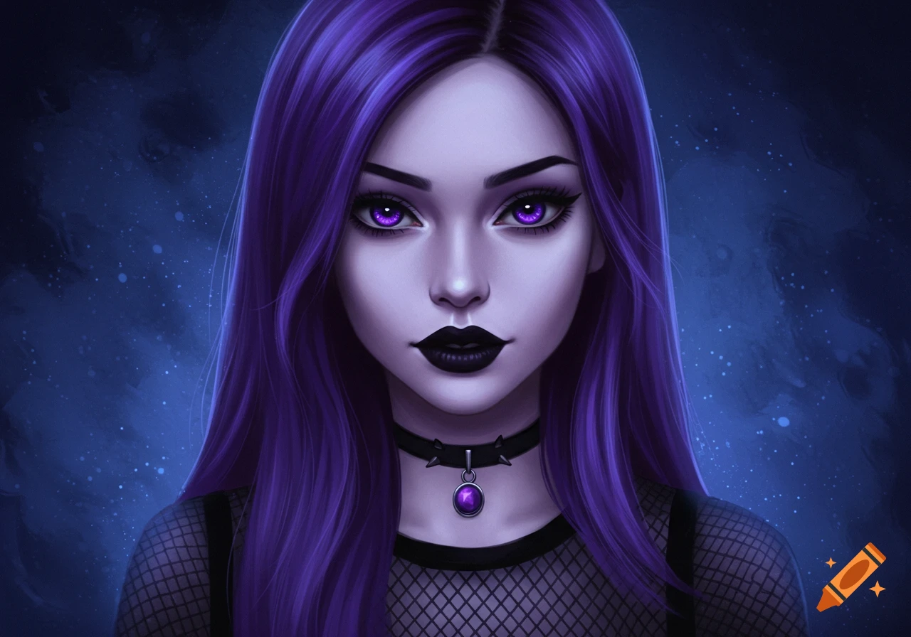 Close-up digital portrait of a goth girl with long purple hair, purple eyes, black lipstick, and a black choker.