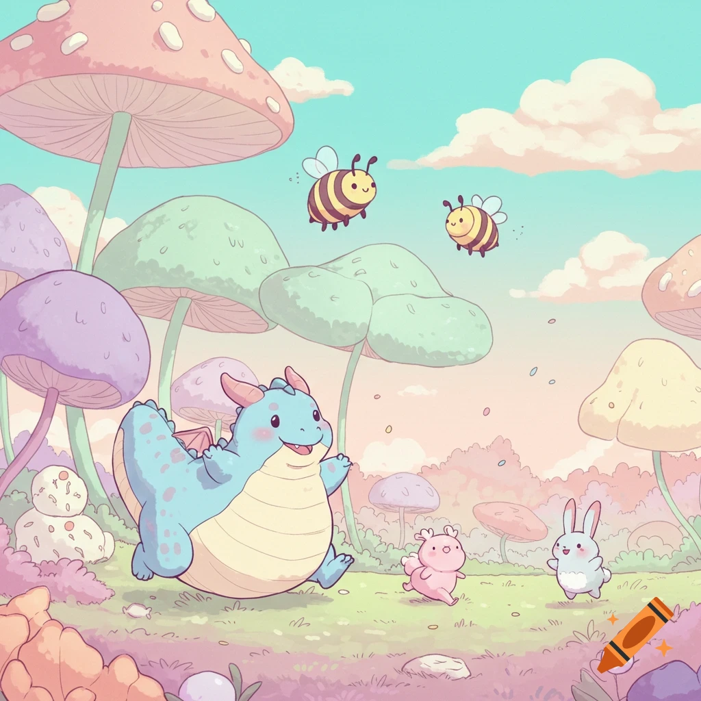 A cute cartoon blue dragon, pink creature, and white rabbit play in a pastel mushroom forest with bees flying above.