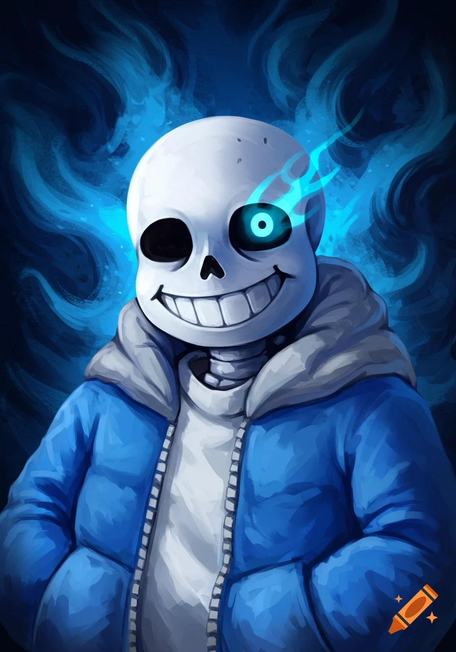 Digital art portrait of Sans from Undertale, a grinning skeleton in a blue jacket with one glowing blue eye against a swirling blue background.