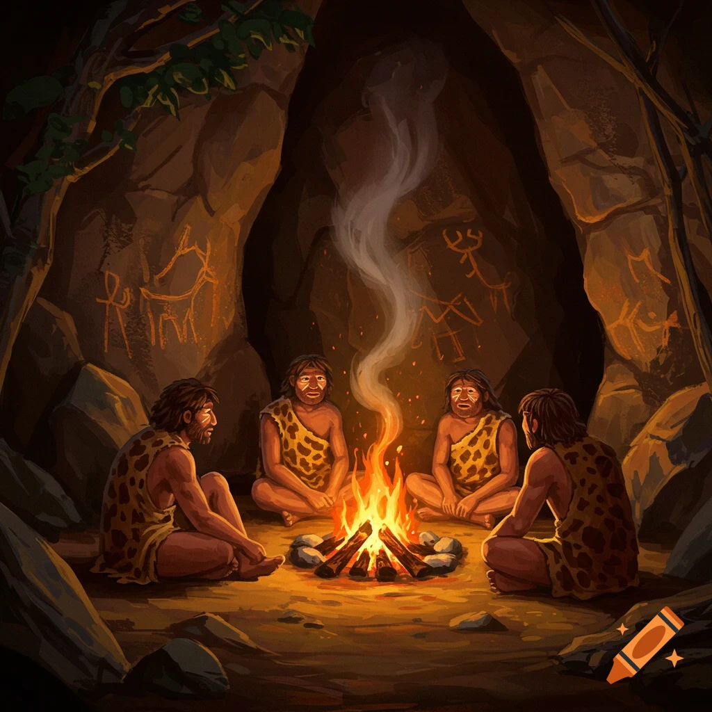 Illustration of four cave people sitting around a bonfire inside a cave with cave paintings on the walls.