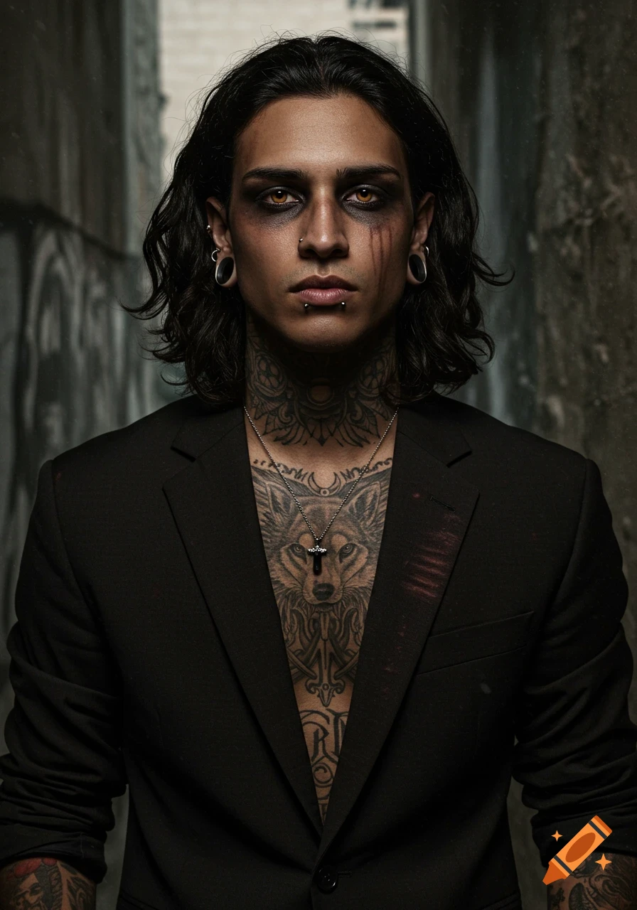 A dark-haired man with heavy eyeliner, amber eyes, facial piercings, and elaborate chest and neck tattoos wears a black suit in an alleyway.