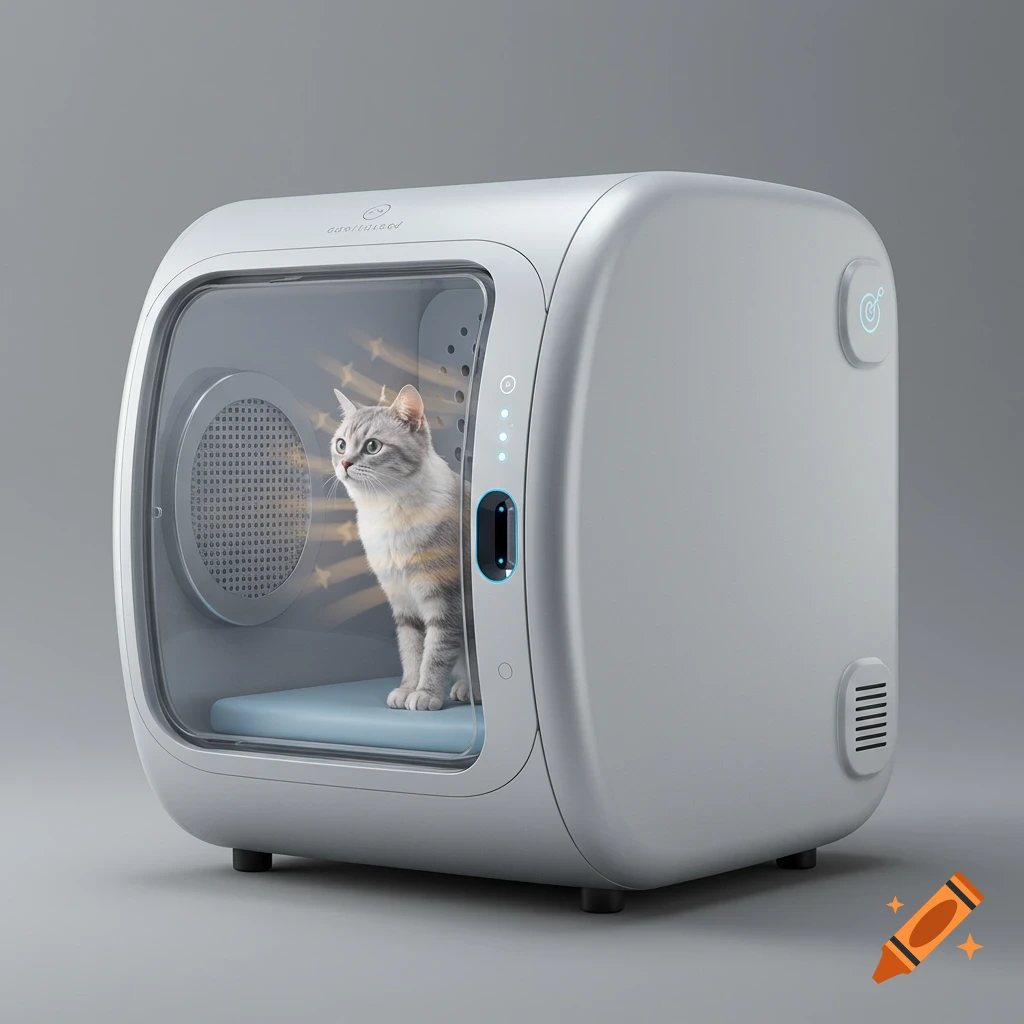 A grey and white cat sits inside a modern, white, futuristic cat dryer with a clear window.