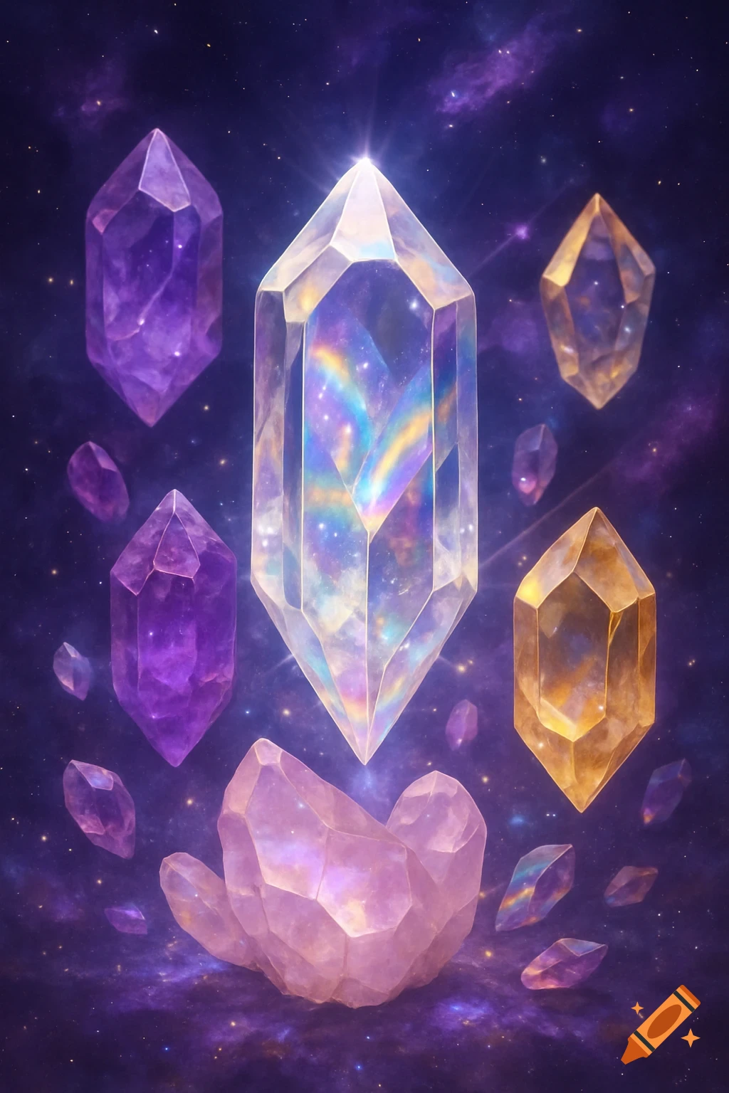 A large, glowing iridescent crystal surrounded by smaller purple and gold crystals floating in a purple starry cosmic background.
