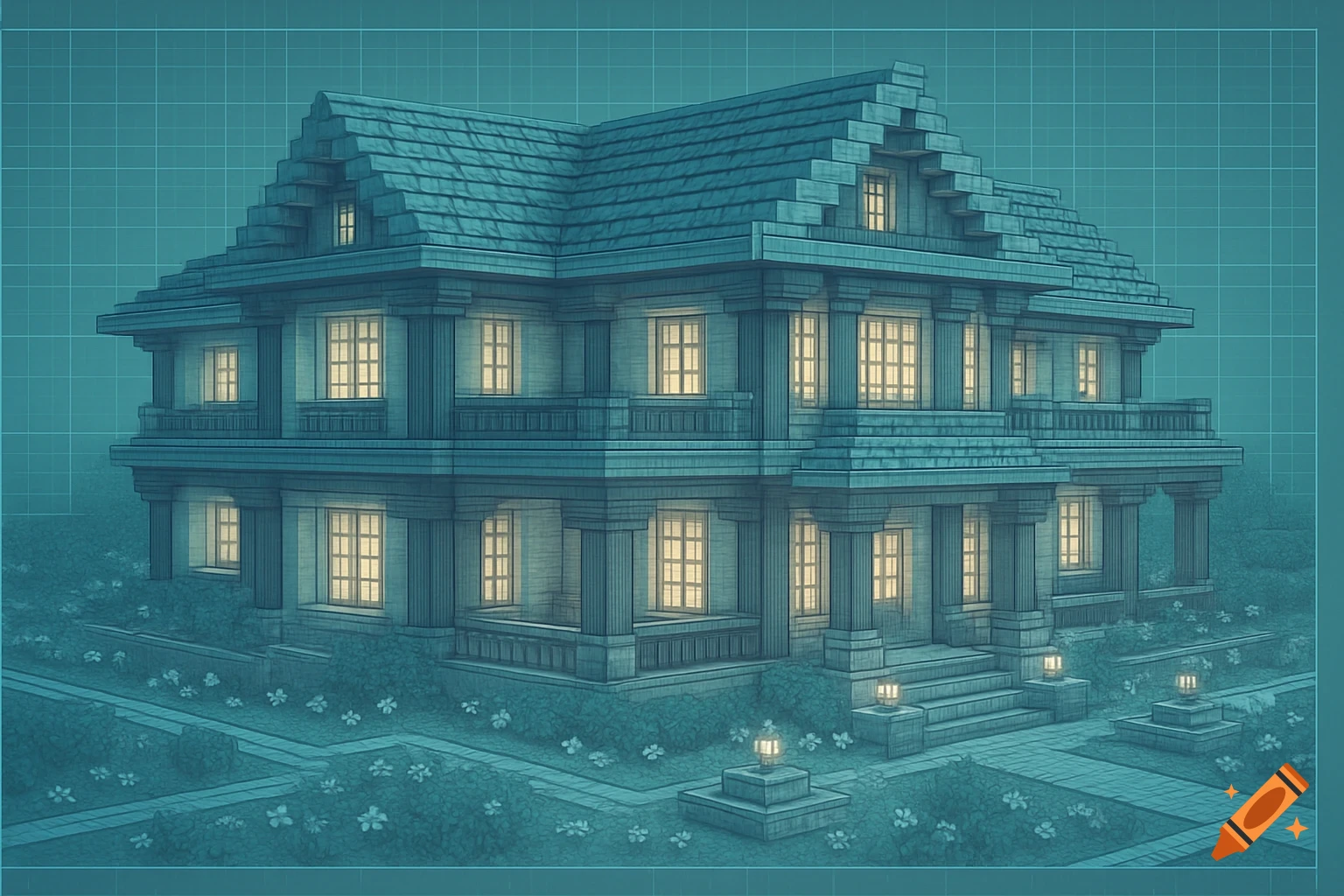 A large, blocky house rendered in a blueprint style against a teal grid background, reminiscent of Minecraft.