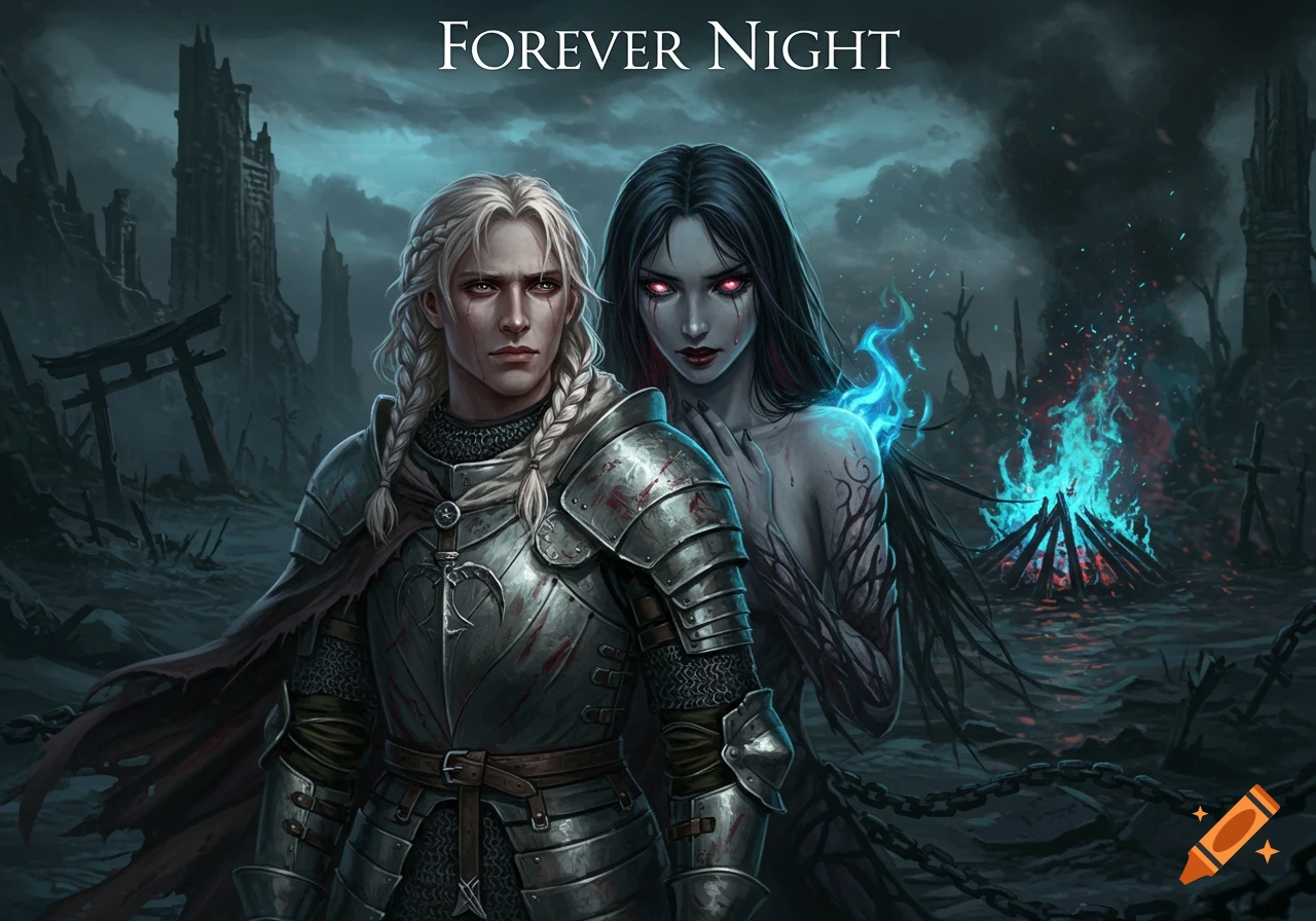 A knight in worn armor and a woman with glowing eyes stand in a dark, apocalyptic landscape with a blue bonfire, in a fantasy art style.