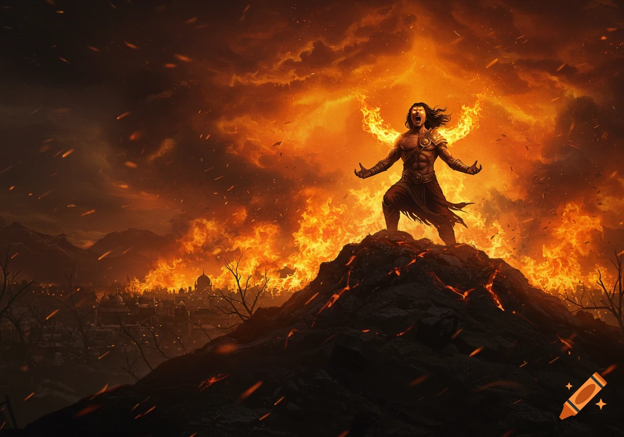 A powerful man with long hair, shirtless and armored, stands on a fiery hill screaming, with fire emanating from his hands and eyes. A city burns in the background under an orange, fiery sky.