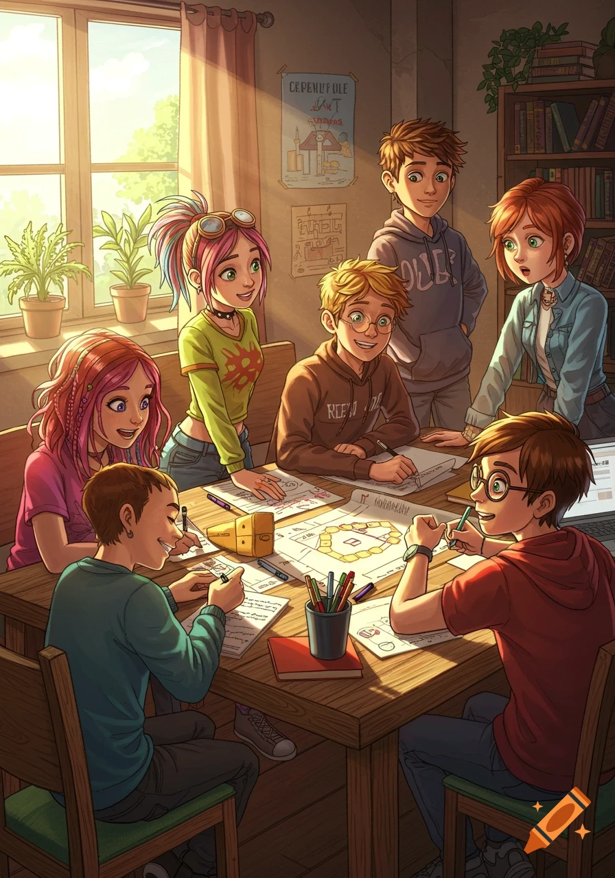 An anime-style illustration of six diverse teenagers gathered around a wooden table, studying or working on a project, illuminated by sunlight from a window.