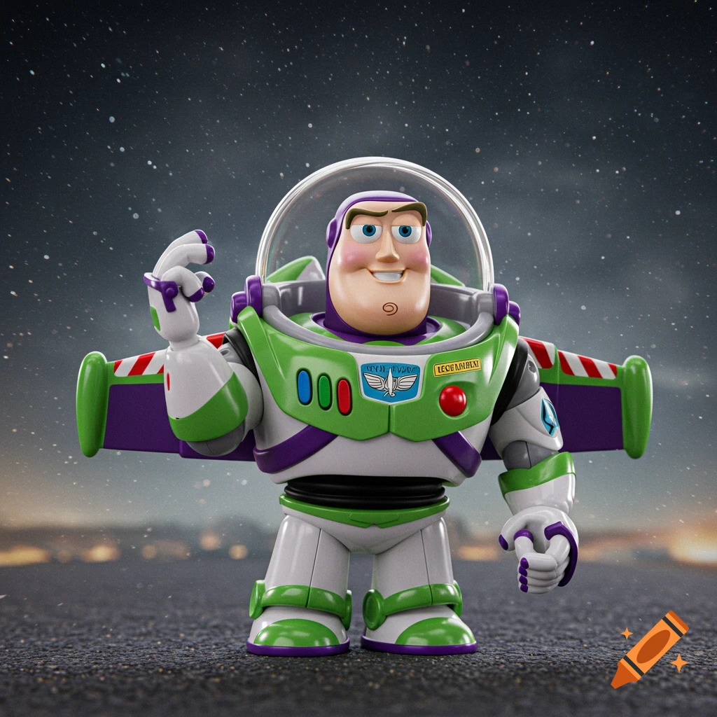 A detailed Buzz Lightyear toy stands on an asphalt surface under a starry, cloudy sky.