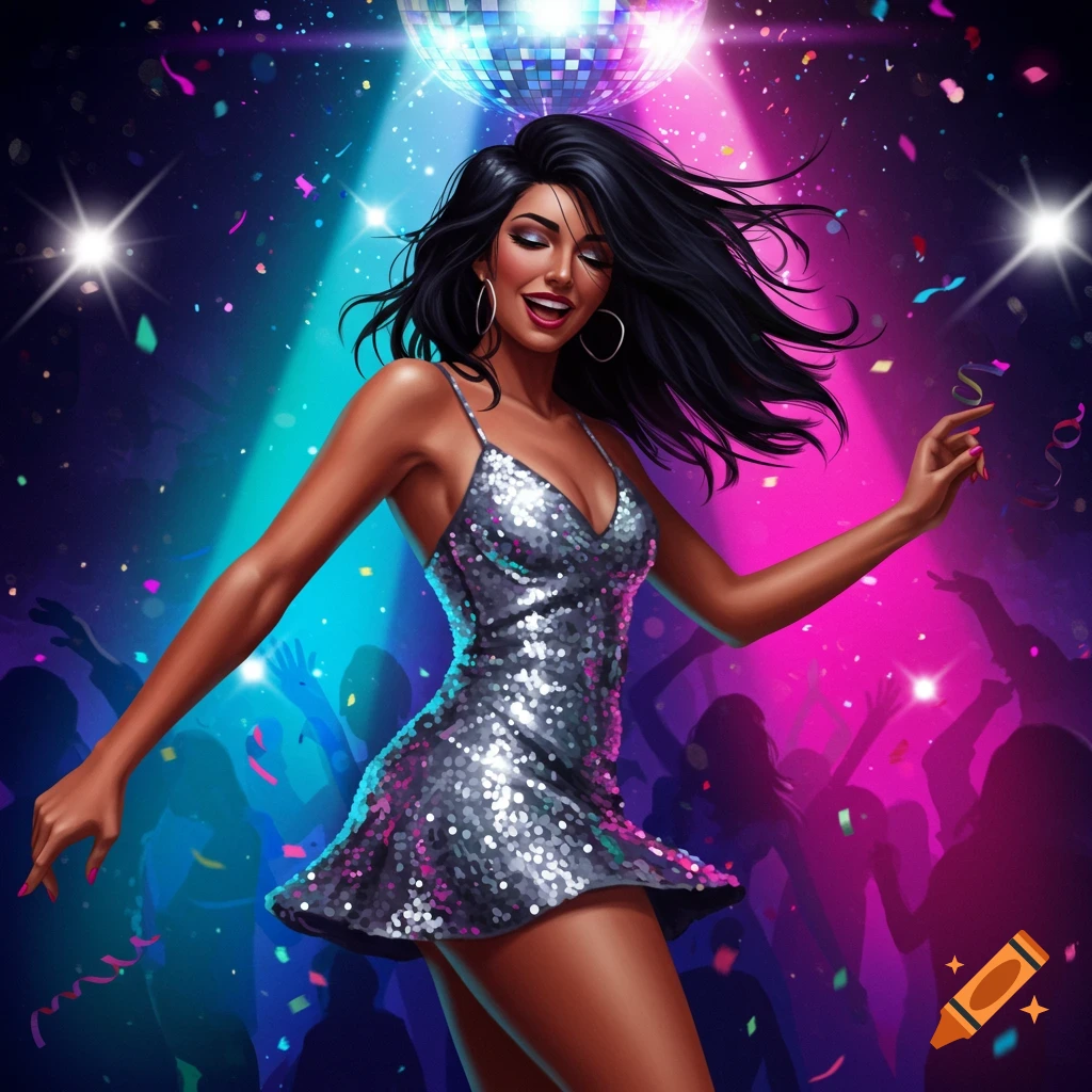 A woman with dark hair in a silver sequined dress dances under a disco ball and colorful lights with confetti falling.