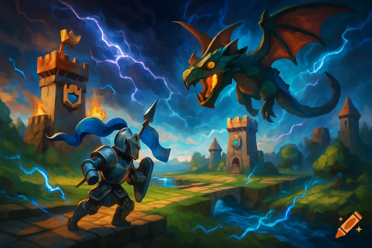 A stylized painting of a knight with a spear and shield facing a flying dragon over a landscape with castles and lightning.