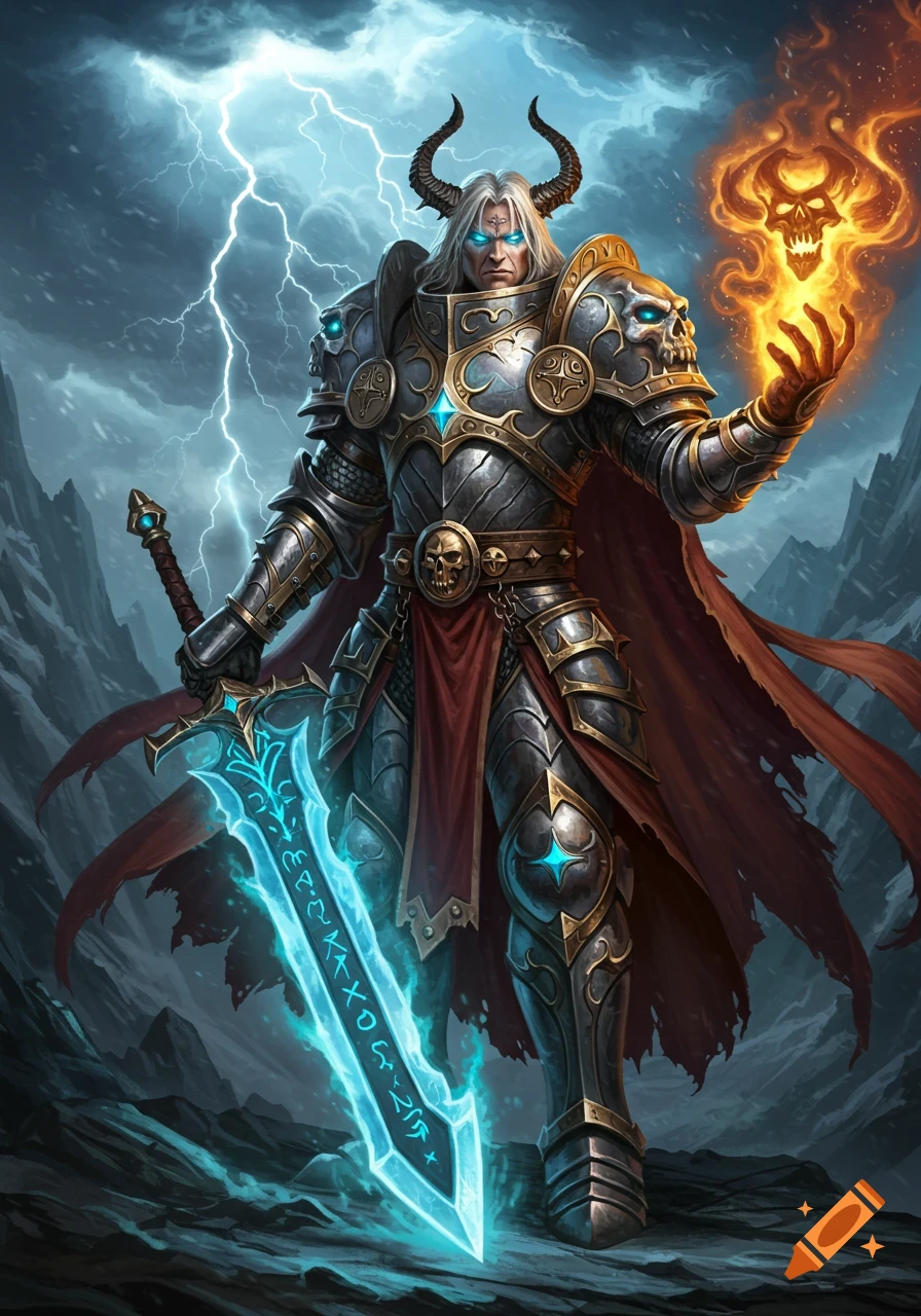 A powerful fantasy warrior in ornate armor with horns and glowing eyes holds a magical blue sword and casts a fiery skull spell.
