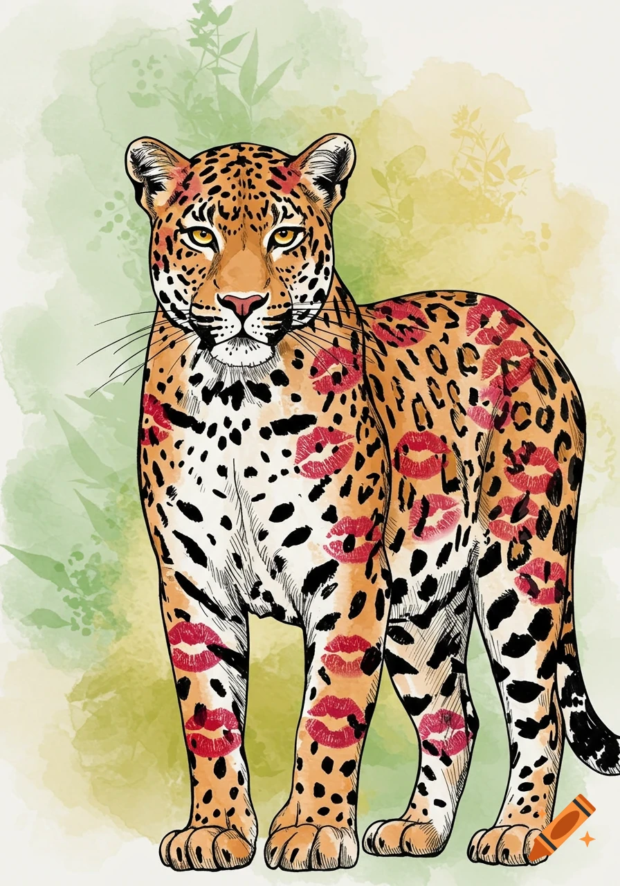 An ink drawing of a leopard covered in red lipstick kisses, against a green and yellow watercolor background.