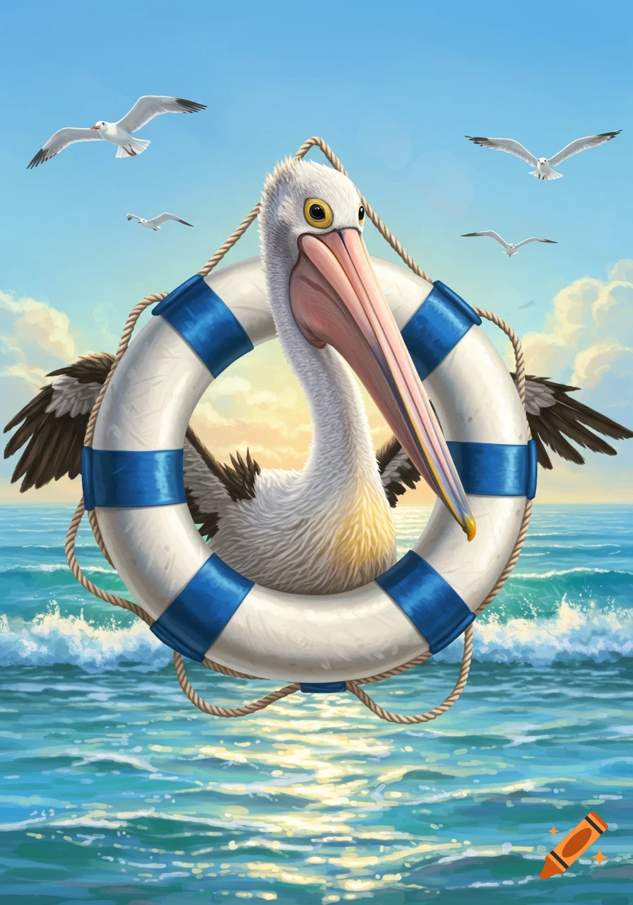 An illustration of a pelican in a lifebuoy floating on the ocean with seagulls flying above.