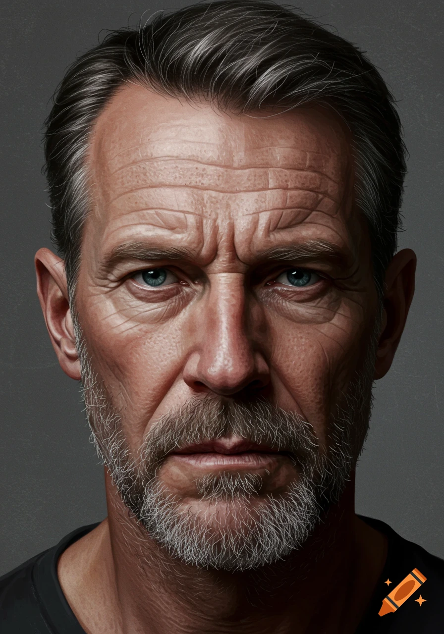 Close-up photorealistic portrait of an older man with blue eyes, a grey beard, and a serious expression against a solid background.