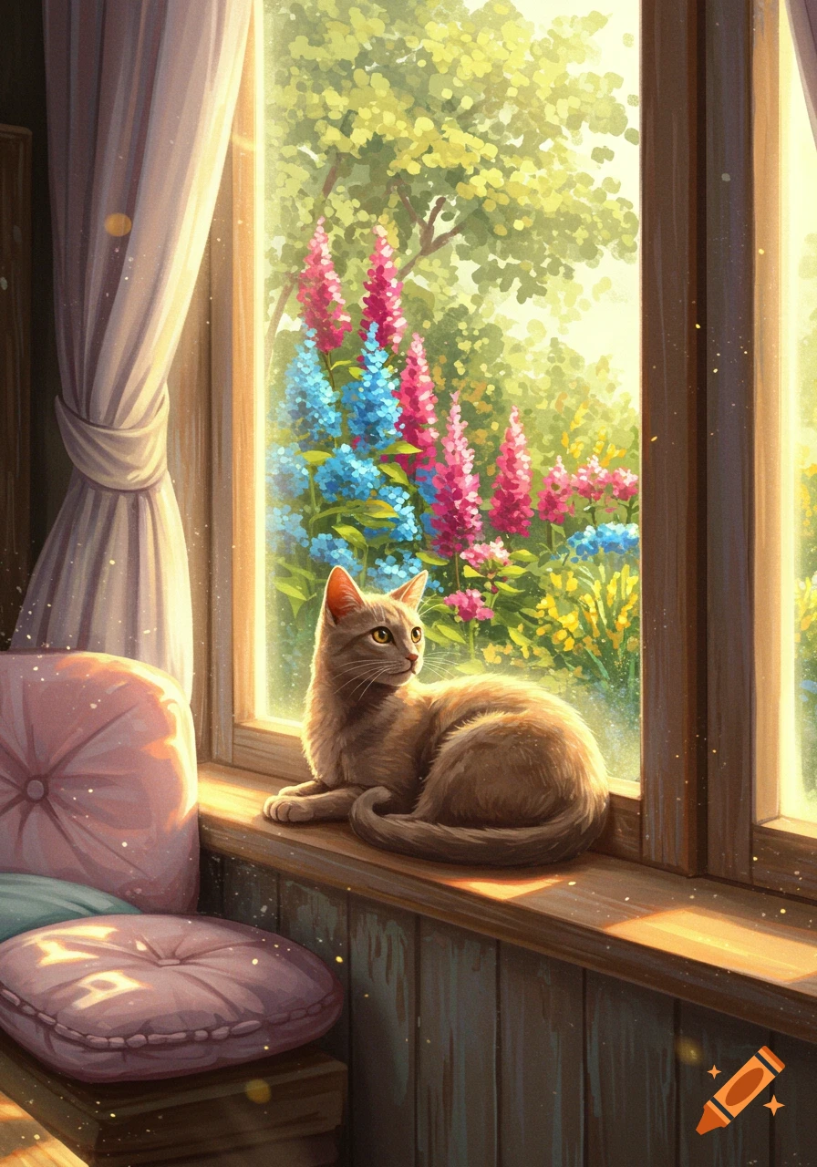 A tan cat sits on a wooden windowsill, looking out at a vibrant garden with pink and blue flowers, rendered in a painterly style.