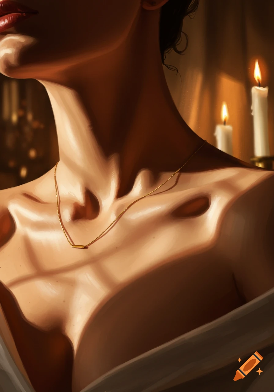 Close-up painterly image of a woman's neck, collarbones, and upper chest with a gold necklace, dramatic lighting, and candles.