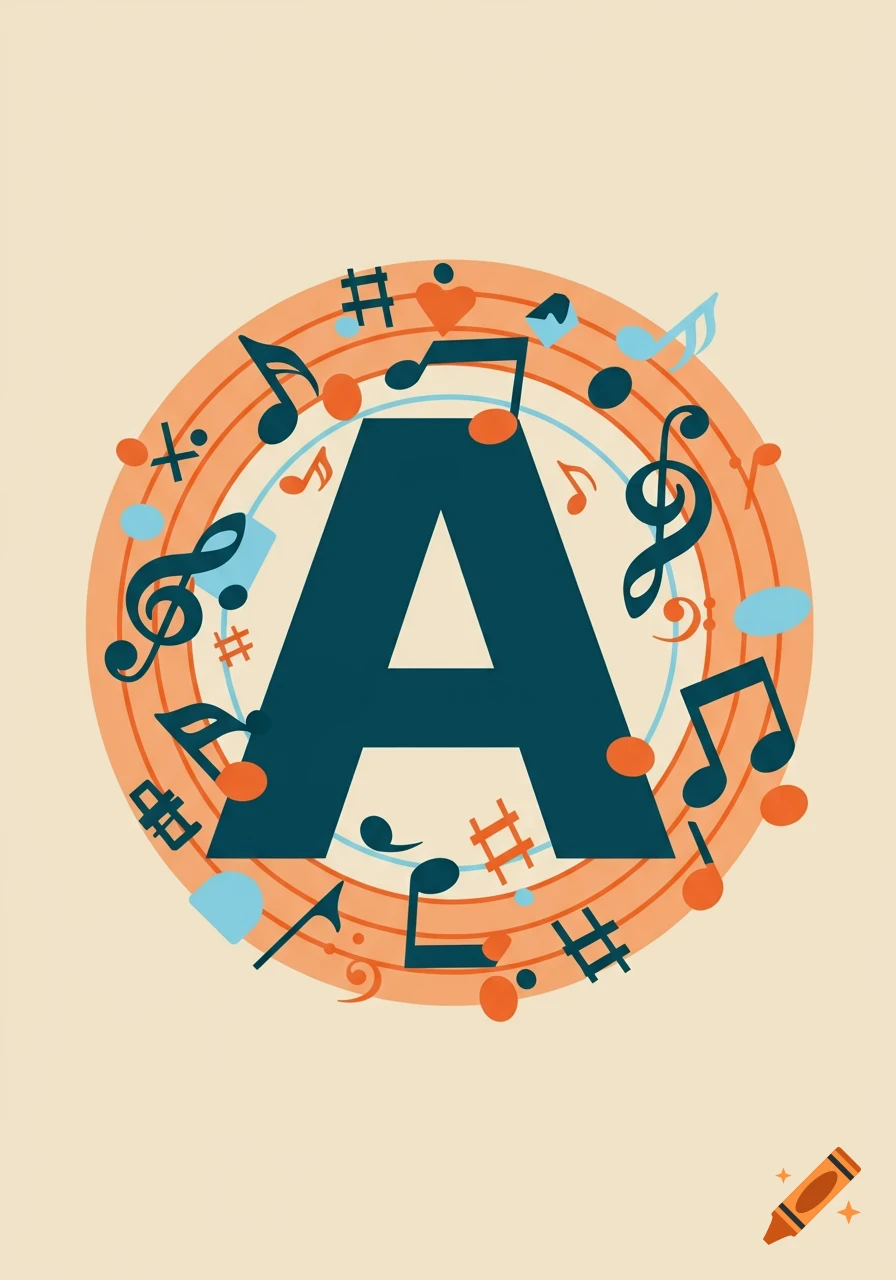 A bold blue letter A surrounded by orange and blue music notes and symbols within an orange circular design on a light beige background in a flat illustration style.