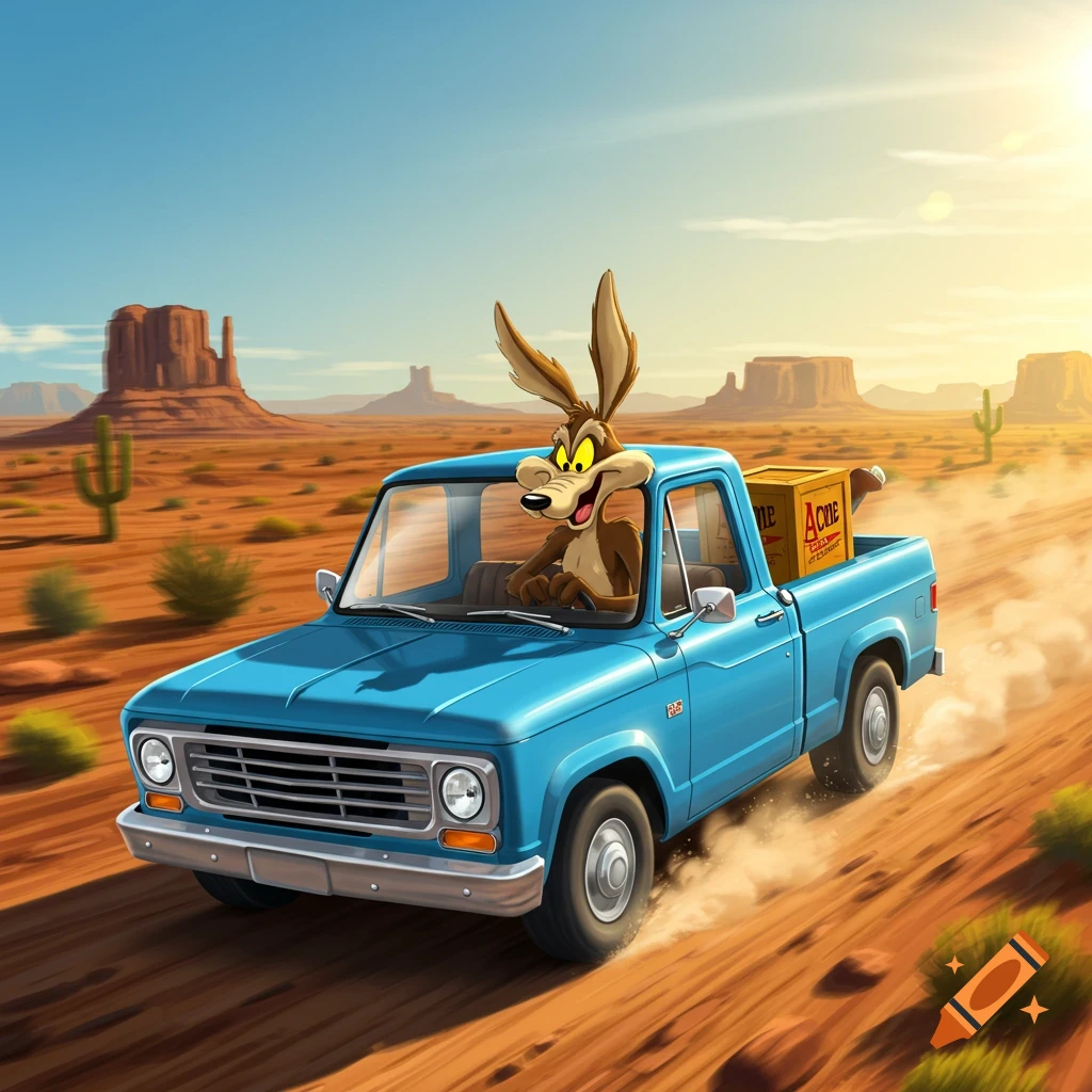 Wile E. Coyote drives a blue pickup truck through a dusty desert landscape with mesas in the background, a box labeled ACME in the truck bed.