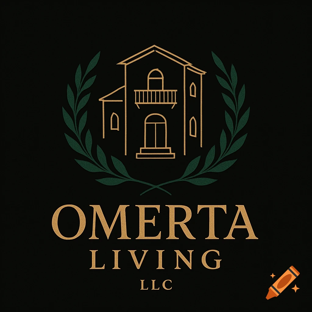 A gold and green logo for Omerta Living LLC, featuring a stylized house within a laurel wreath.
