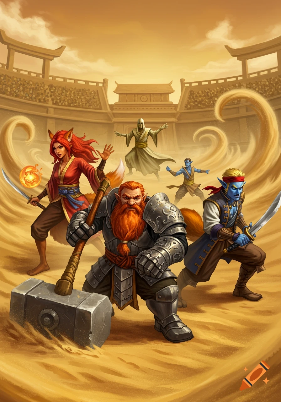 A group of fantasy adventurers including a dwarf, a fox-eared woman, and a blue-skinned elf in a sandy arena, facing a robed desert mage.