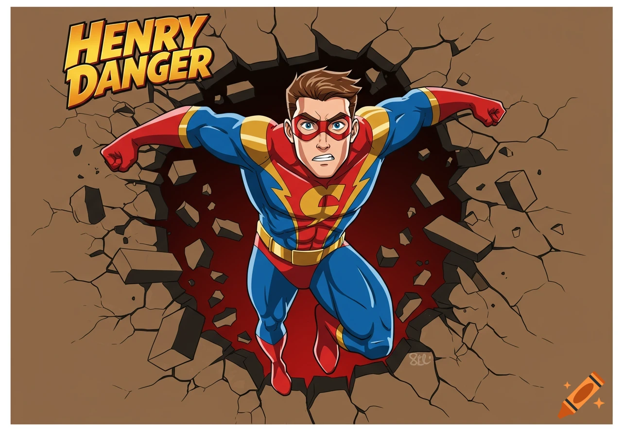 Cartoon superhero Henry Danger in a blue and red suit bursts through a brown cracked wall, with his name in bold letters.
