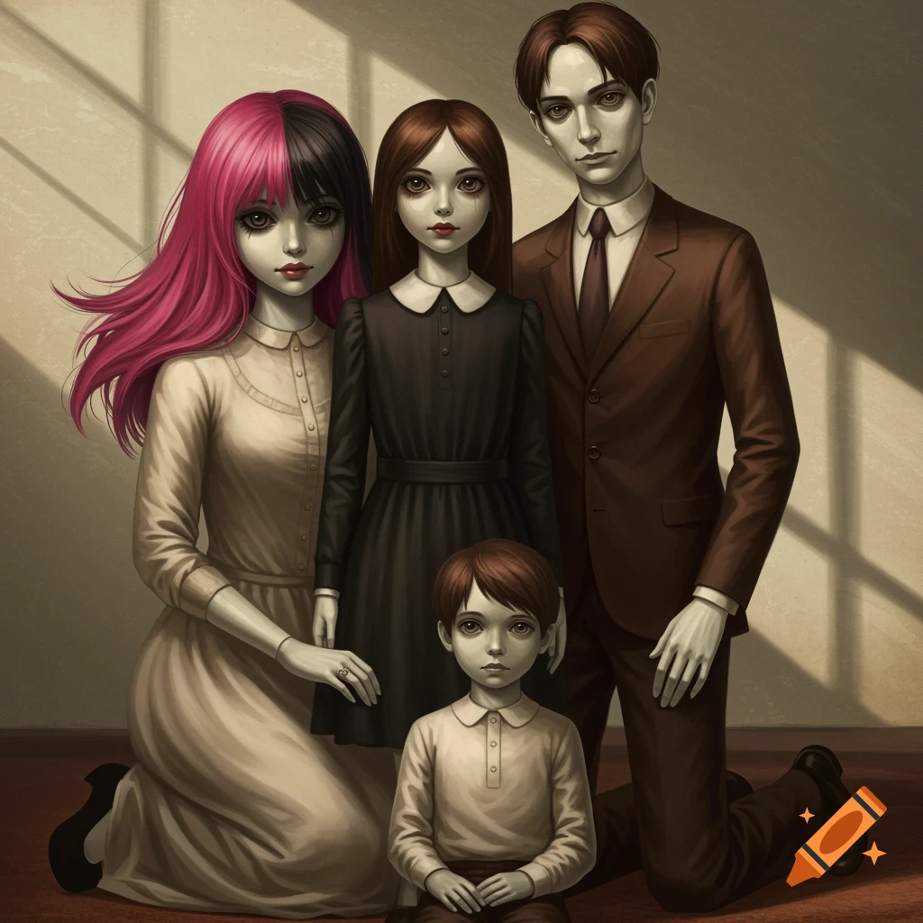 A stylized, unsettling portrait of a doll-like family with pale skin. The mother has pink and black hair, others have brown hair.