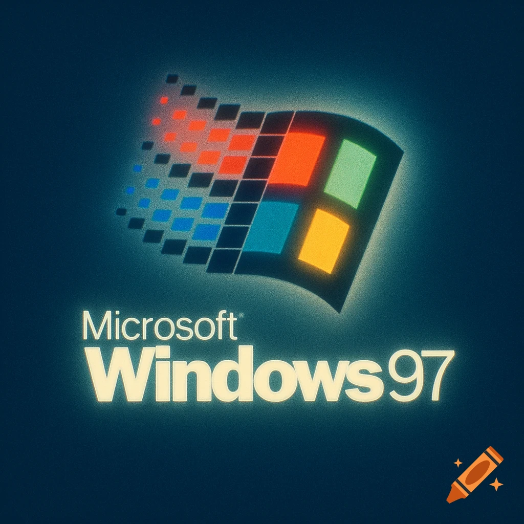 The Microsoft Windows 97 logo, featuring the classic four-color flag icon and glowing white text on a dark blue background.