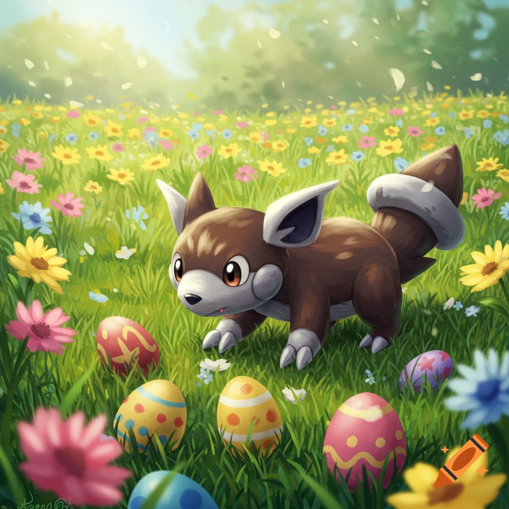 A cute brown creature resembling a Pok en looks at colorful Easter eggs in a vibrant green field filled with yellow, pink, and blue flowers.