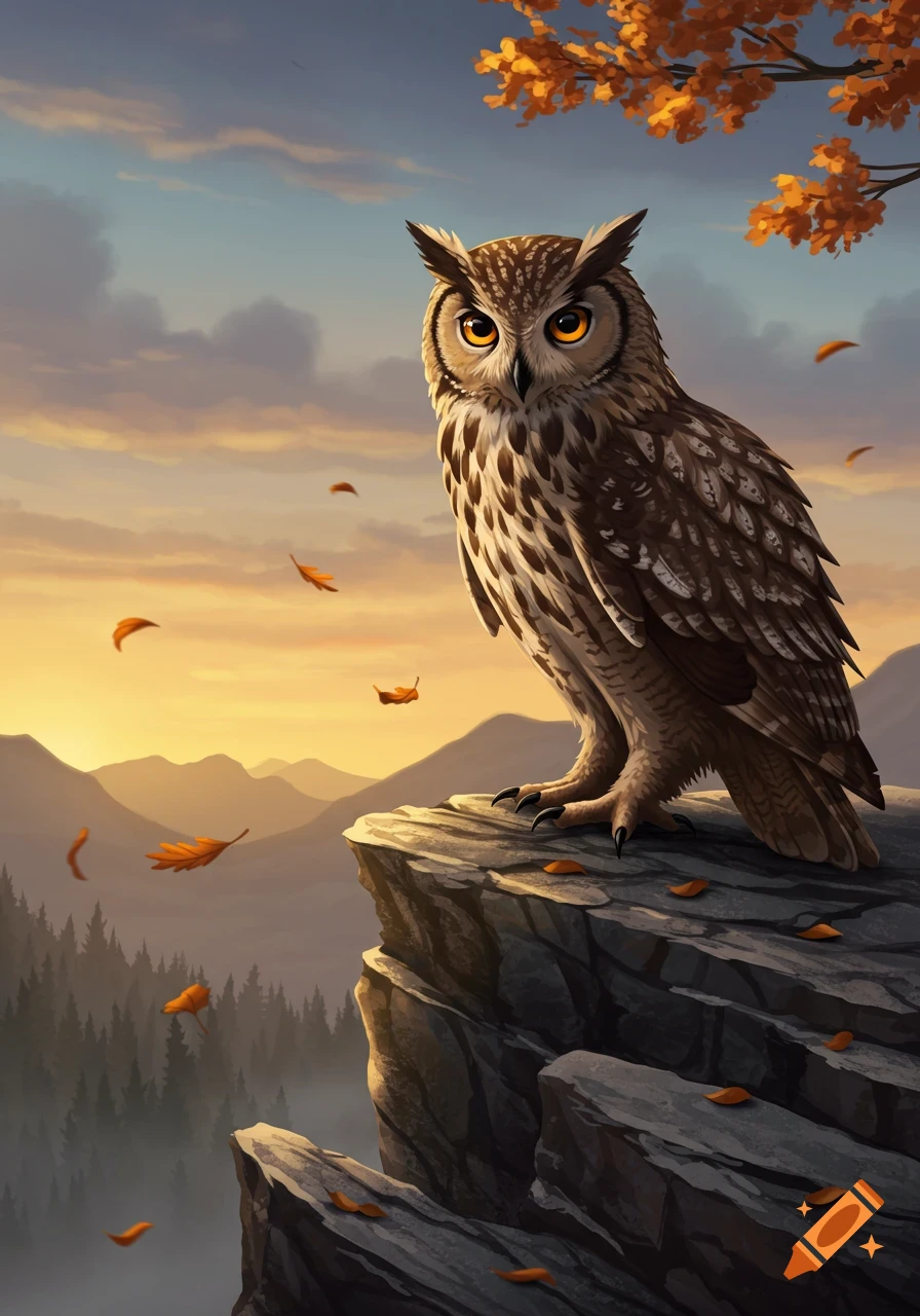 An owl perches on a cliff overlooking a misty mountain forest at sunset, with autumn leaves falling.