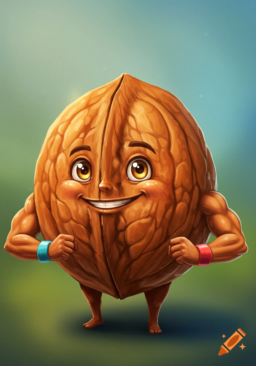 A muscular cartoon walnut character with big eyes and a wide smile, wearing colorful wristbands.