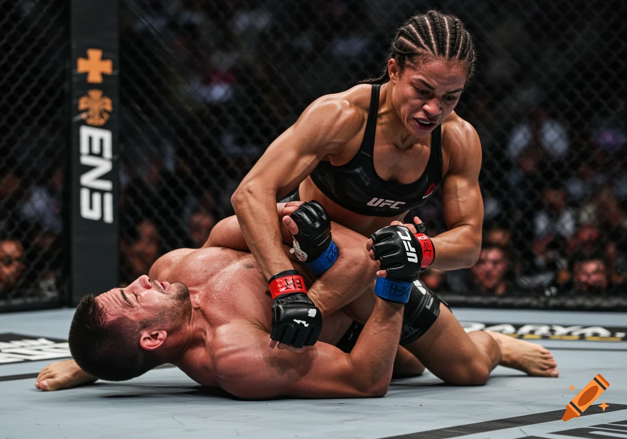 A woman in a black sports bra applying a triangle chokehold to a man on the mat in an MMA cage.