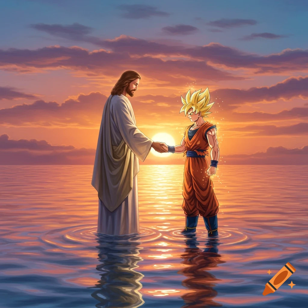 Jesus and Goku shaking hands while standing in water at sunset, in an anime illustration style.