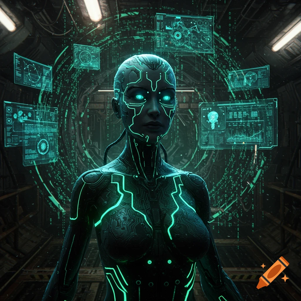 A cybernetic woman with glowing green circuitry lines on her dark skin stands in a futuristic, dark environment with floating holographic data screens around her.