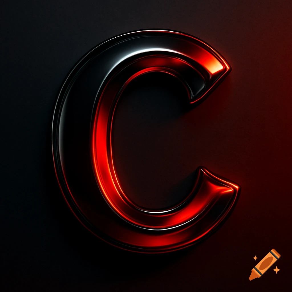 A bold, metallic black letter C with glowing red edges on a dark background.