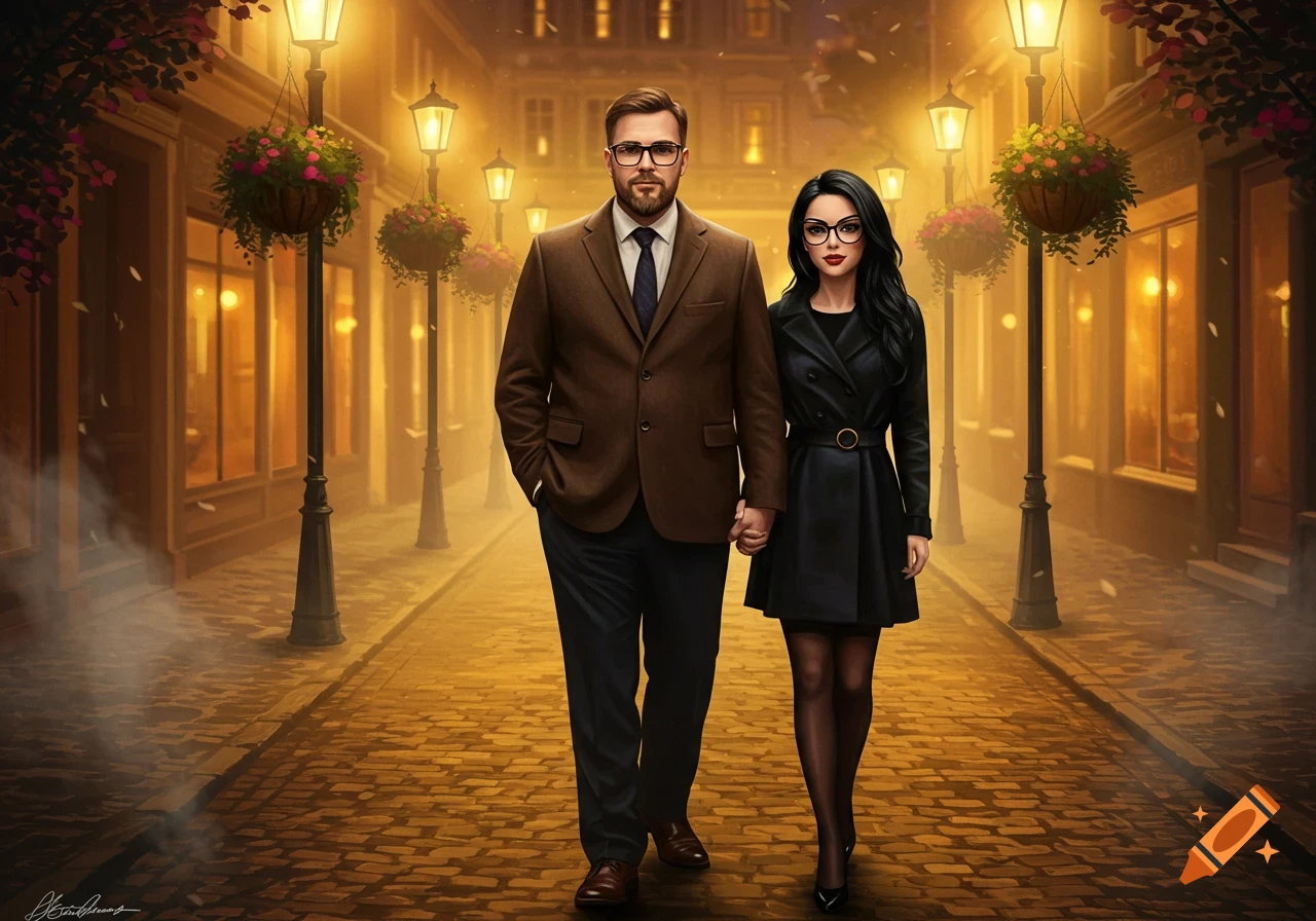 A couple, a man in a brown suit and a woman in a black coat, walk hand-in-hand down a cobblestone street illuminated by glowing streetlights at night.