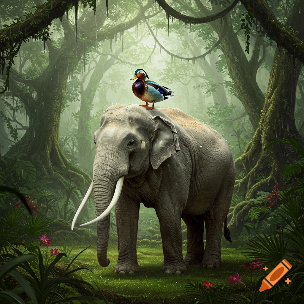A colorful duck sits on the head of a large elephant in a lush, green rainforest. Photorealistic style.