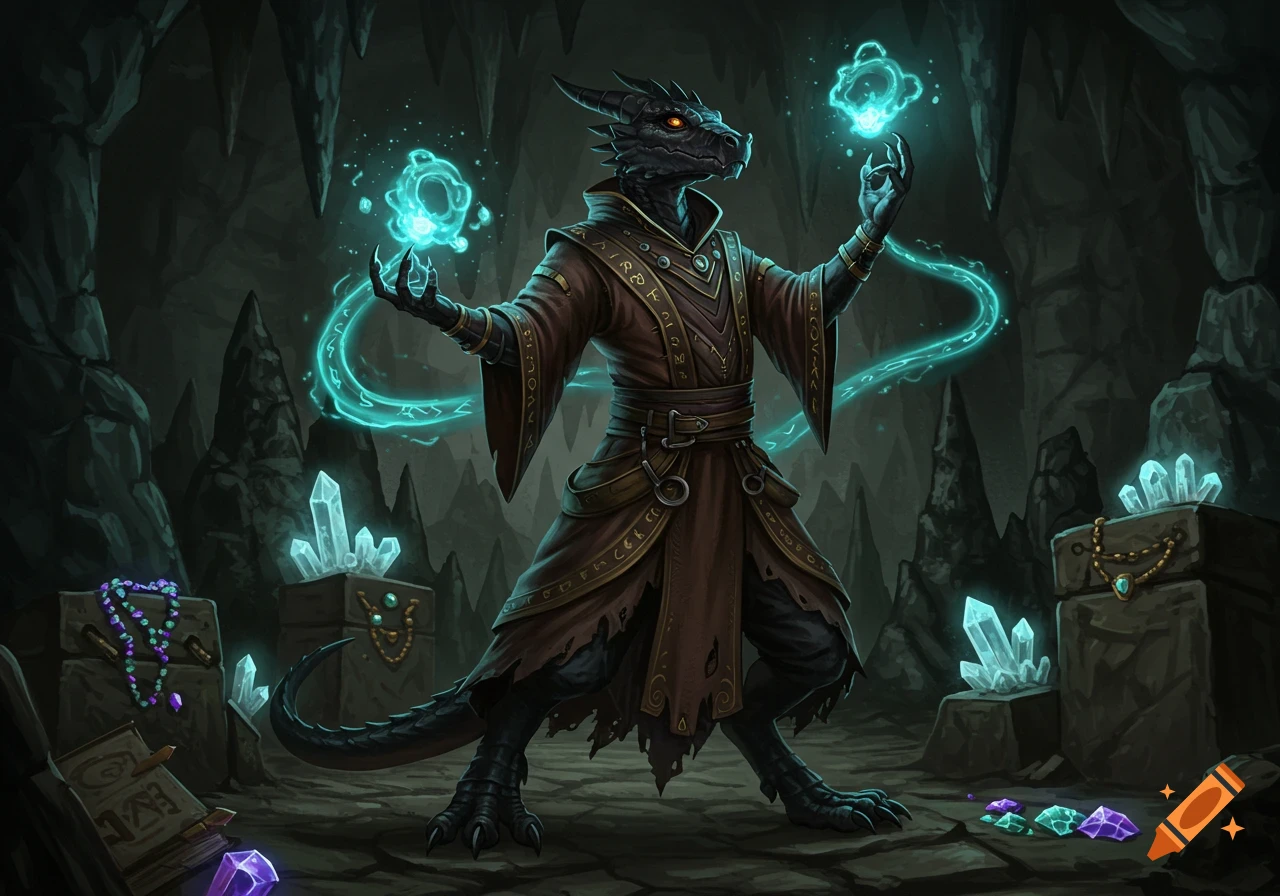 A black scale, dragon-like sorcerer casts glowing blue spells in a dark, crystal-filled cave.