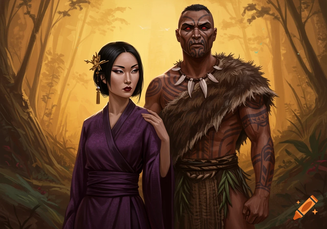 An illustrated image of an Asian woman in a purple kimono and a Maori man with tribal tattoos and a fur cloak, both with red eyes, standing in a golden forest.