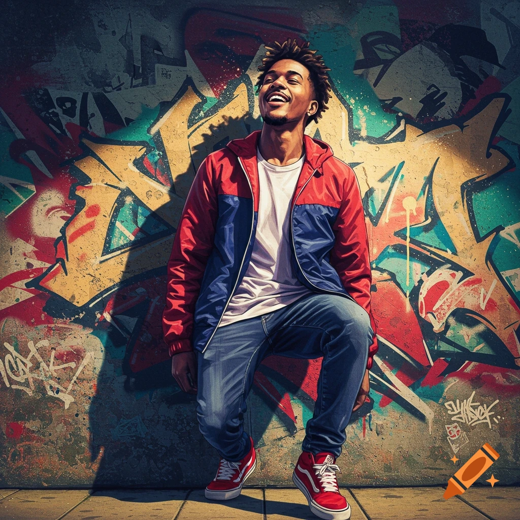 A smiling young man with dreadlocks wears a red and blue jacket and jeans, standing in front of a vibrant, colorful graffiti mural.