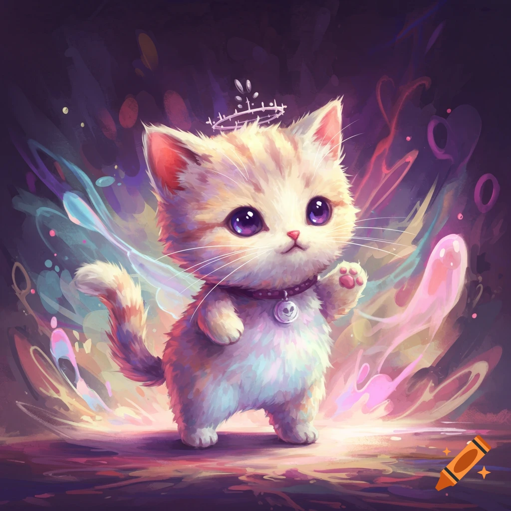 A cute, fluffy cat with large purple eyes and a halo, surrounded by colorful ethereal light.