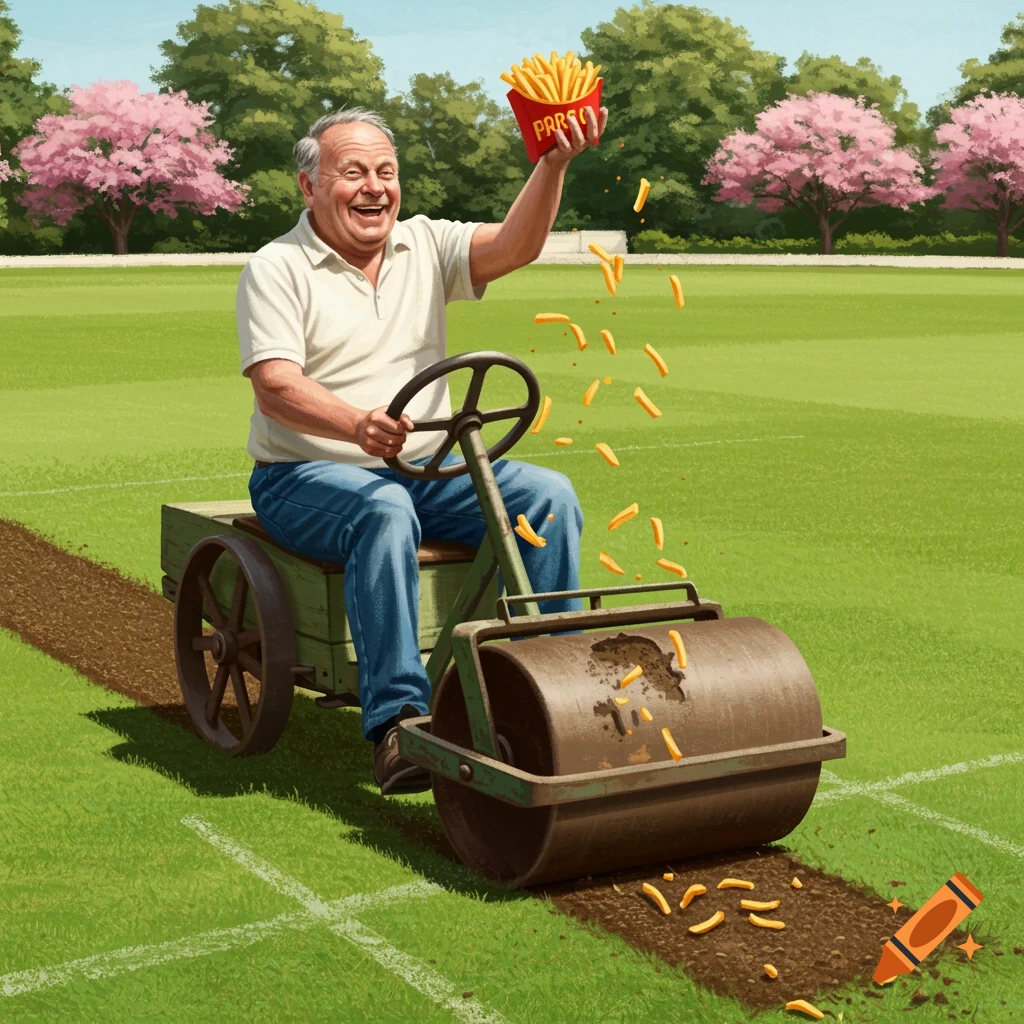 An old man on a lawn roller laughs, dropping fries that are then rolled into the grass of a cricket pitch in a park.