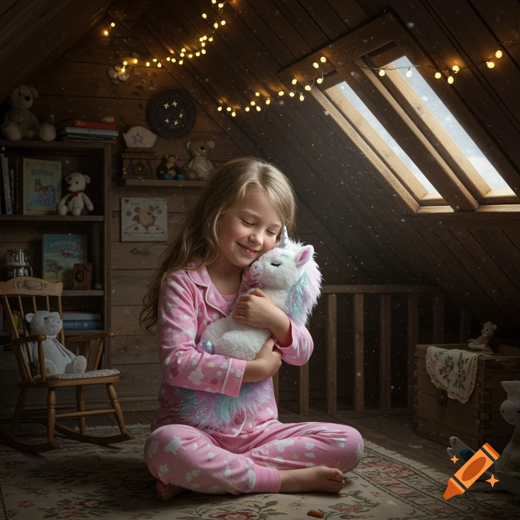 A young girl in pink pajamas sits on a rug in a cozy attic room, hugging a plush unicorn. String lights illuminate the rustic space.